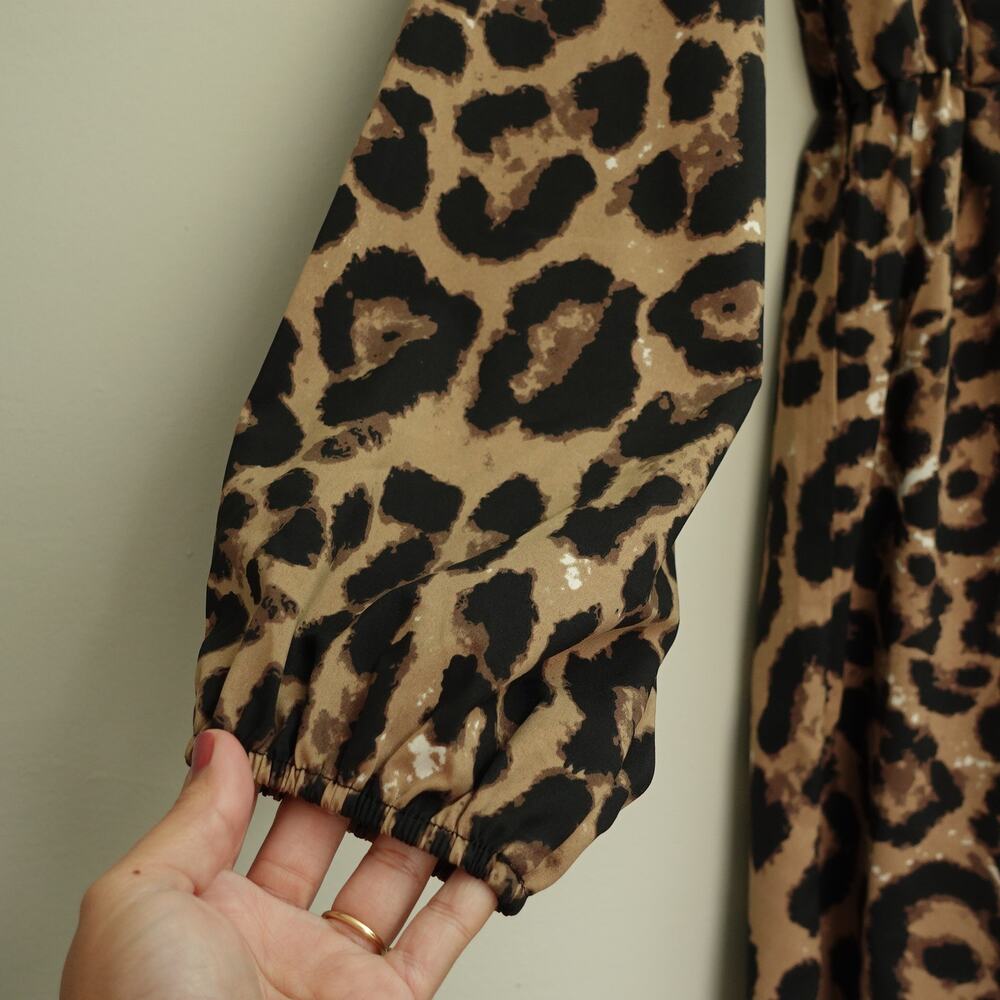 SHEIN LUNE Womens Leopard Print Ruffle Hem Surplice  Dress Brown Black Size L - Picture 5 of 10